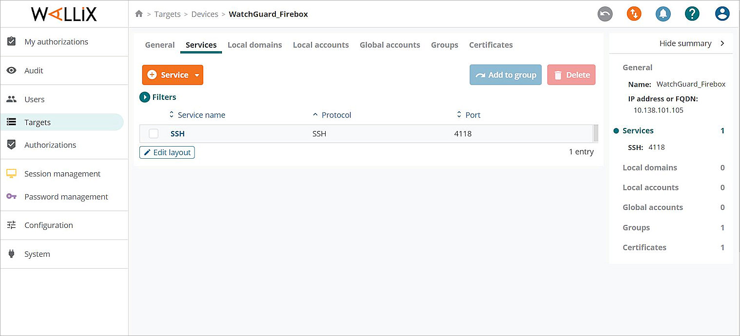Screen shot of the Services tab